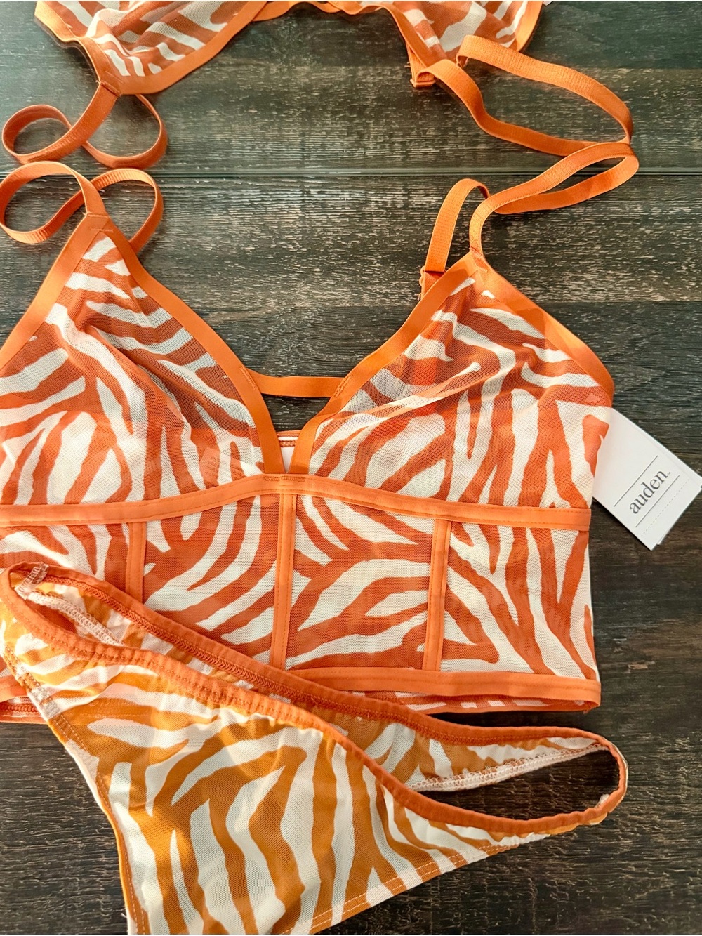Auden Orange & White Zebra Mesh Bralette and Brief Set